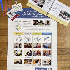 Real photo of the Spinning Babies birth care essentials pack with Quick Reference Guide, Birth Positions Poster, and Badge Buddies.